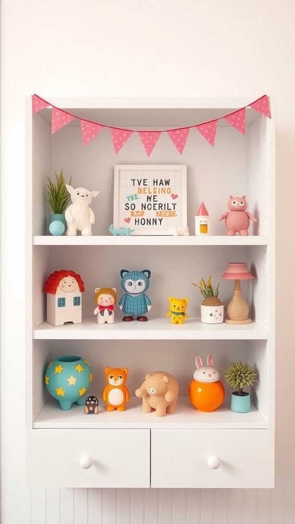 A colorful shelf decorated with fun figurines, including animals and a cheerful sign, creating a whimsical display.