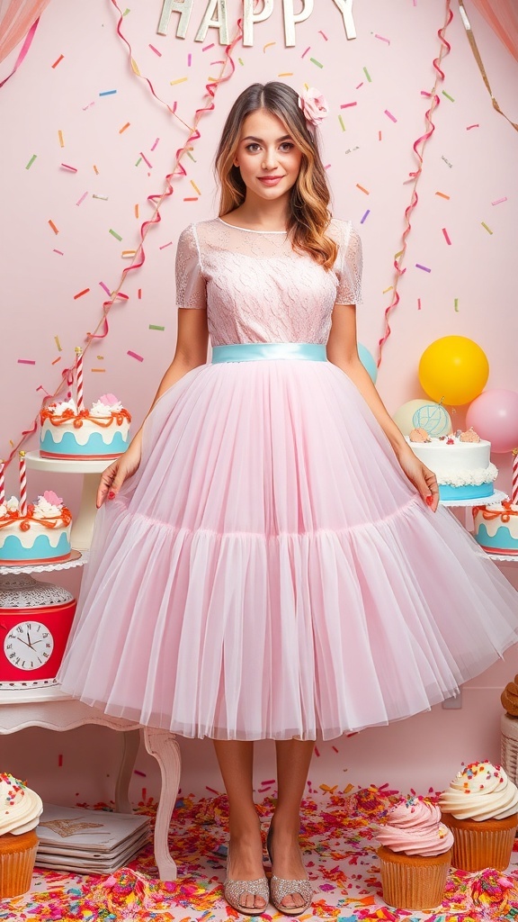 A girl in a pink tulle dress with a lace top, surrounded by birthday decorations and cupcakes.