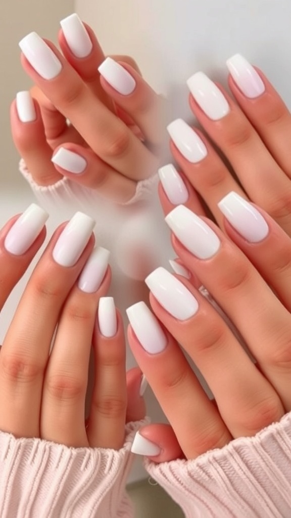 A close-up of hands with white chrome nails, showcasing a glossy finish and elegant shape.
