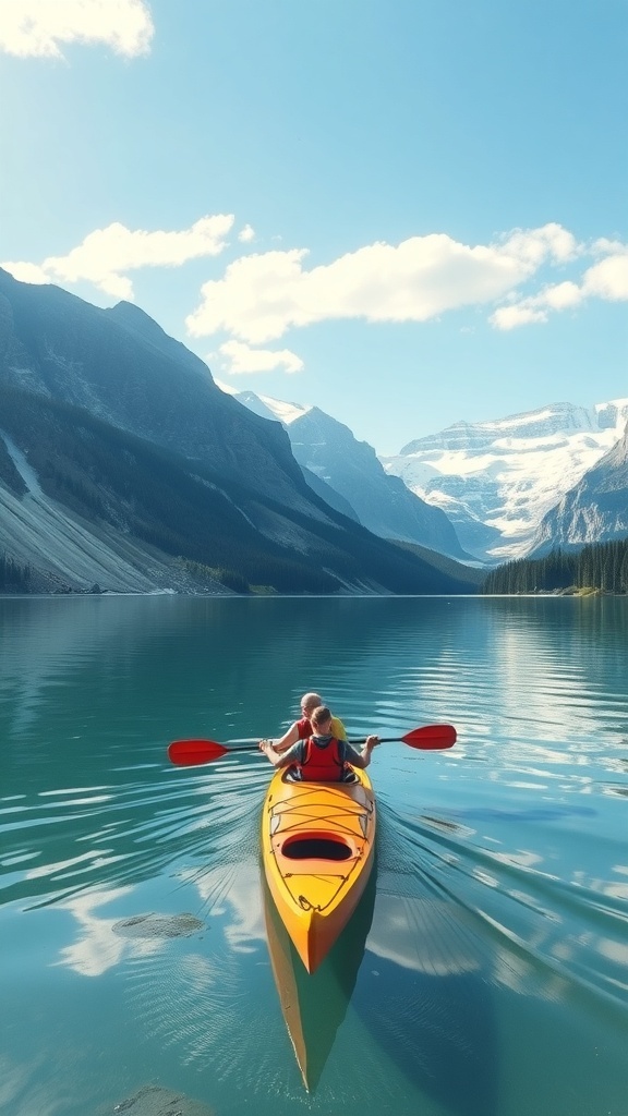 A couple kayaking on a calm lake surrounded by mountains in Glacier National Park.