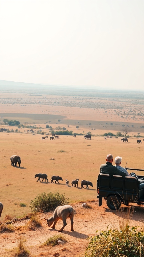 A couple enjoying a view of elephants in the Serengeti