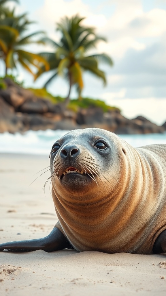 A Hawaiian monk seal resting on the beach with palm trees in the background.