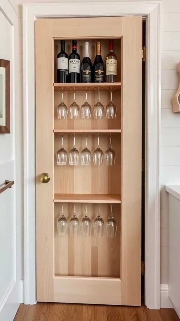 A pantry door with wine and glass storage, featuring shelves for wine bottles and hanging glasses.