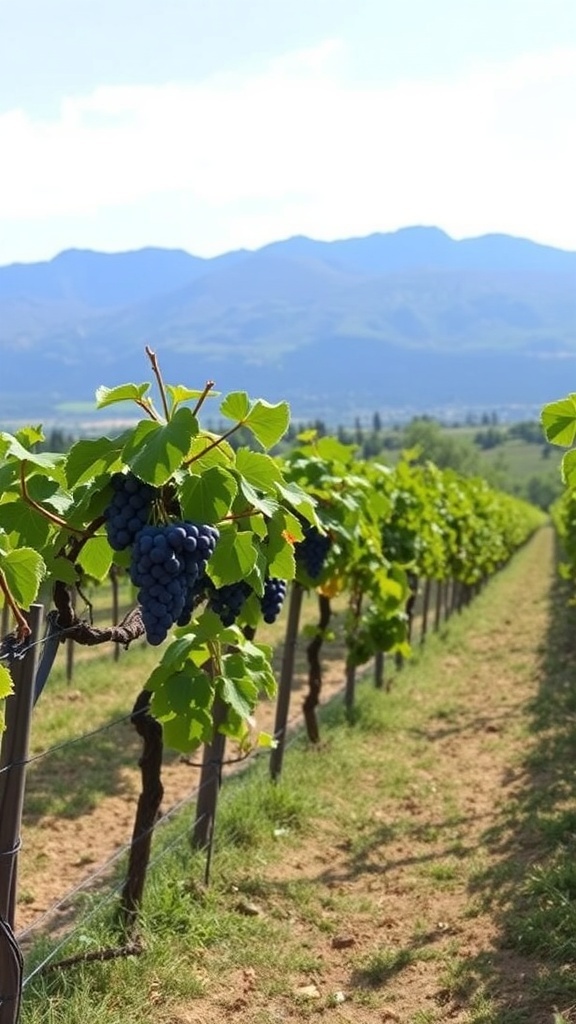 Vineyards in Samos, Greece with ripe grapes and mountains in the background