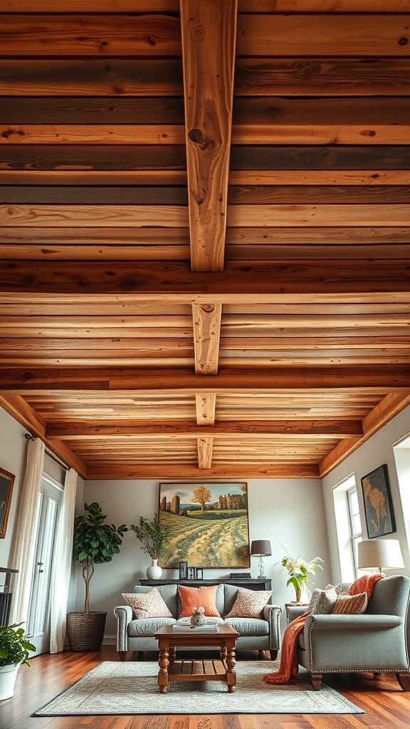 A cozy living room with a wood pallet ceiling, featuring wooden beams and warm tones.