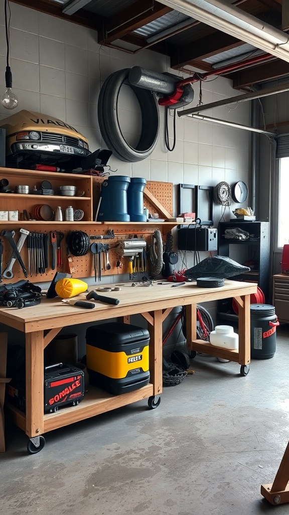 A well-organized garage workbench with tools, storage bins, and a pegboard.