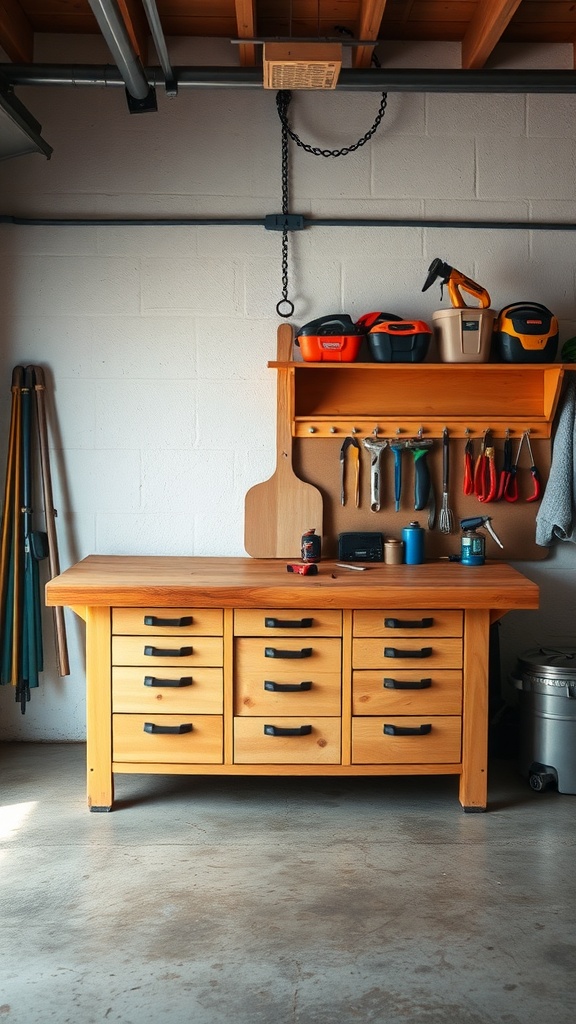 A wooden workbench with built-in storage and tools organized on a shelf in a garage.