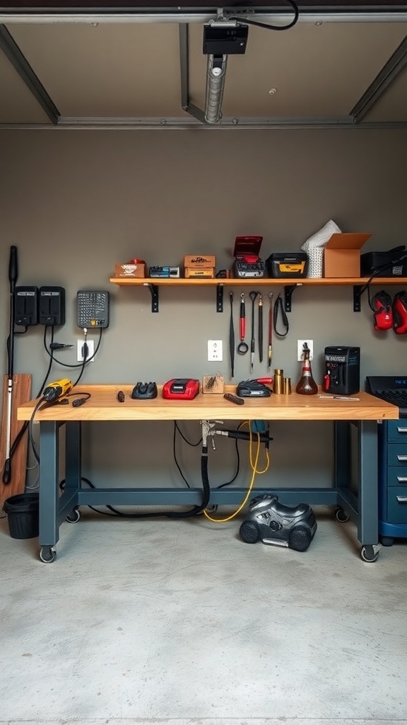 A garage workbench with integrated power outlets, tools, and storage shelves.
