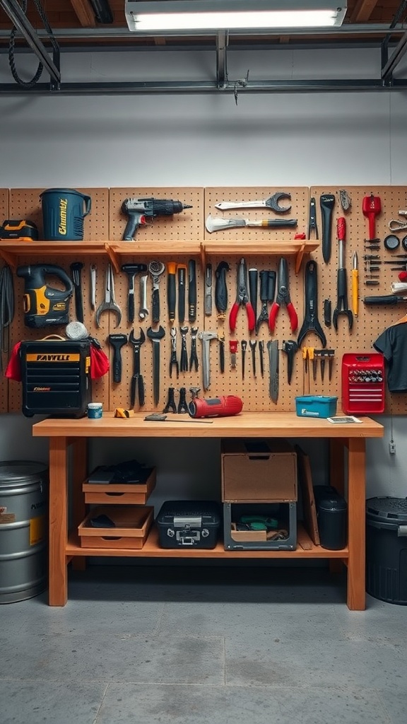 A wooden workbench with a tool wall storage featuring various tools organized on a pegboard.