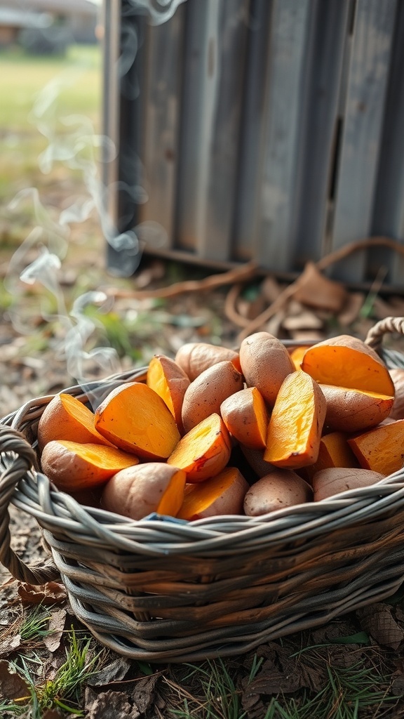 A basket filled with roasted sweet potatoes, some cut open, with smoke rising in the background.