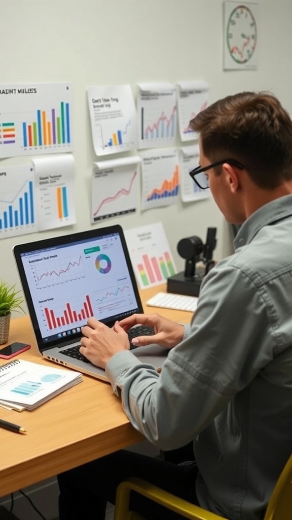 A person analyzing data on a laptop with charts and graphs on the wall.