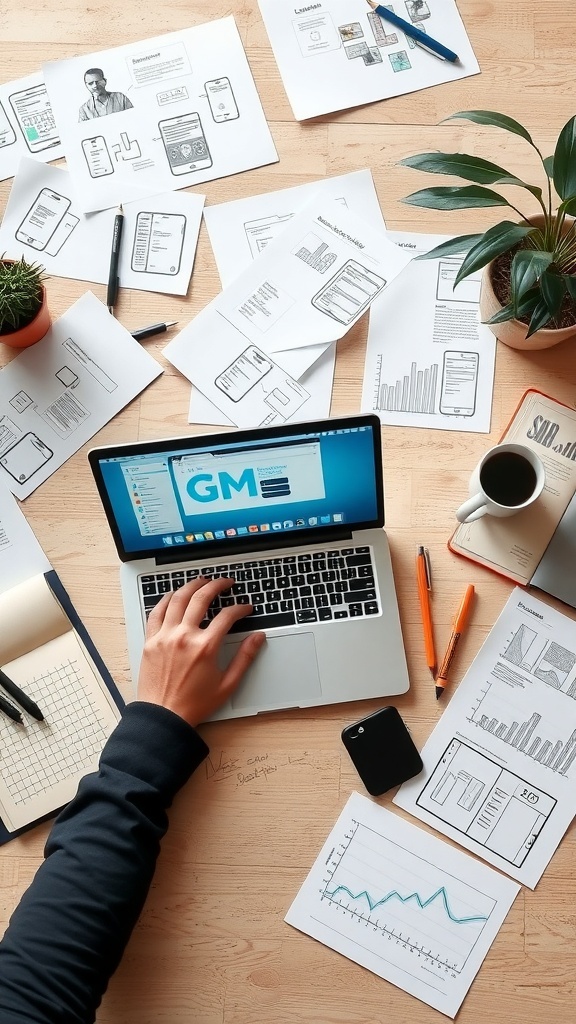 A workspace with a laptop, sketches, and design papers for a mobile app.