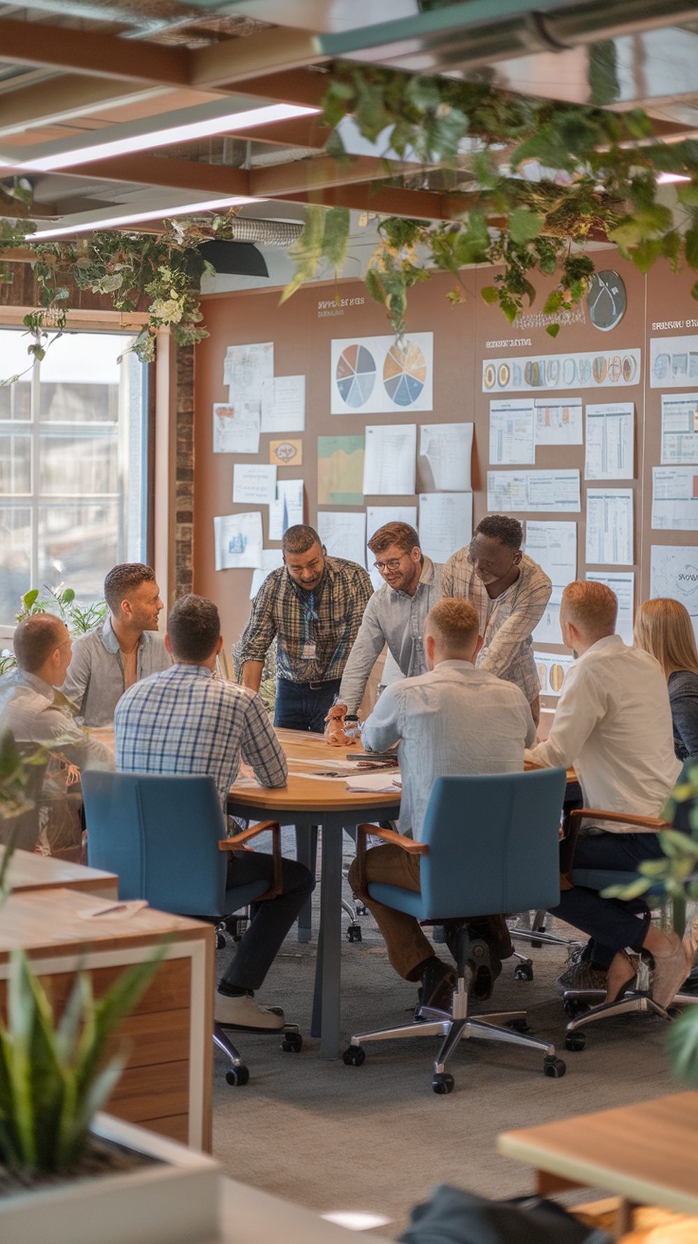 A group of diverse individuals collaborating in a modern office setting, discussing strategies for network marketing.