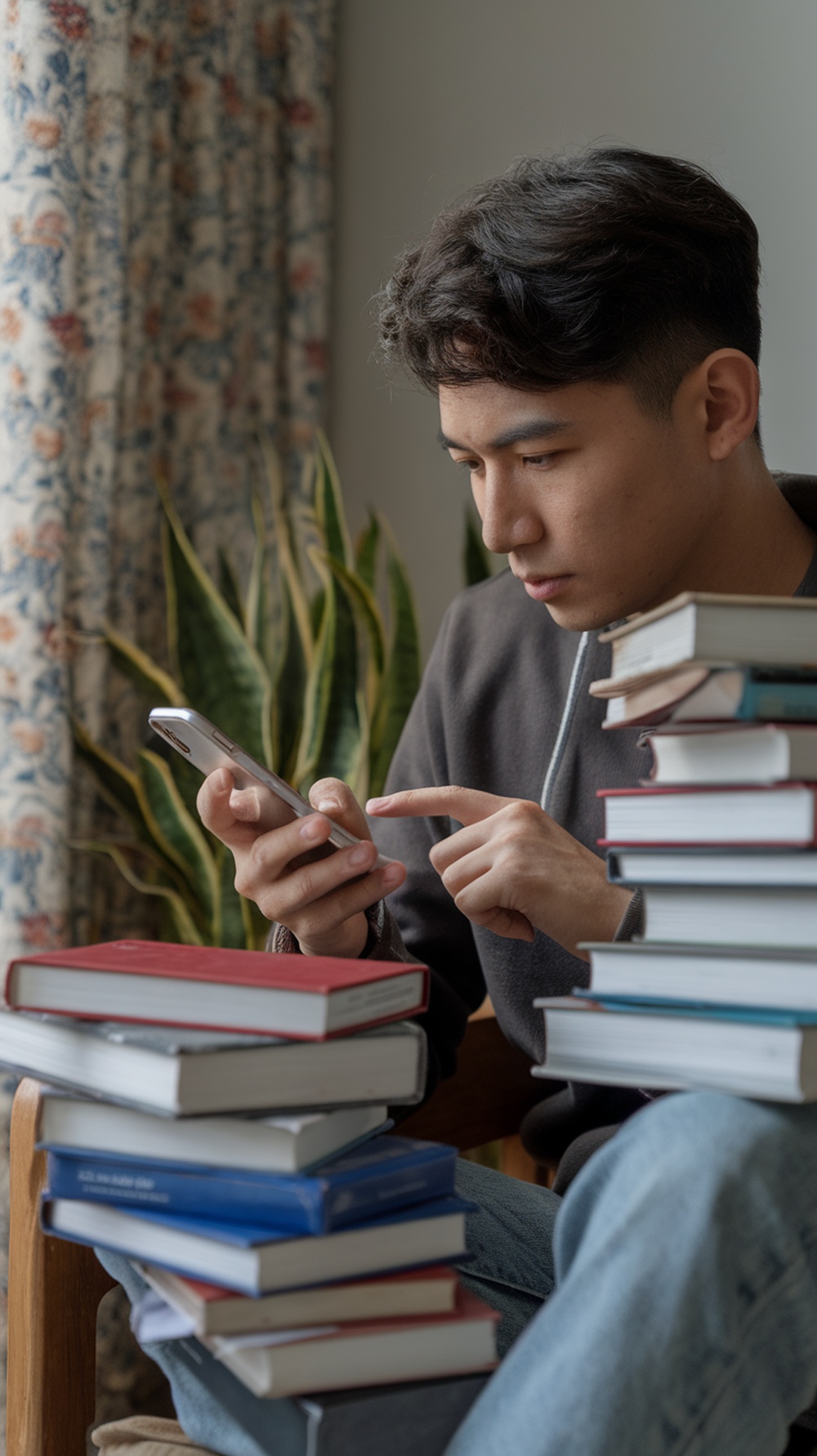 A focused individual looking at their phone, surrounded by books, symbolizing learning and engagement in sales.