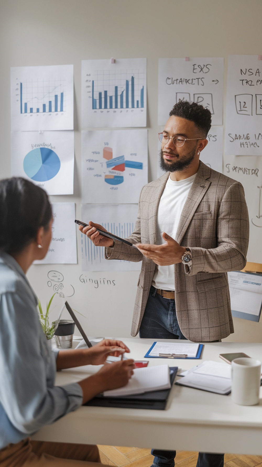 A professional coaching session with one person presenting data and insights to another.