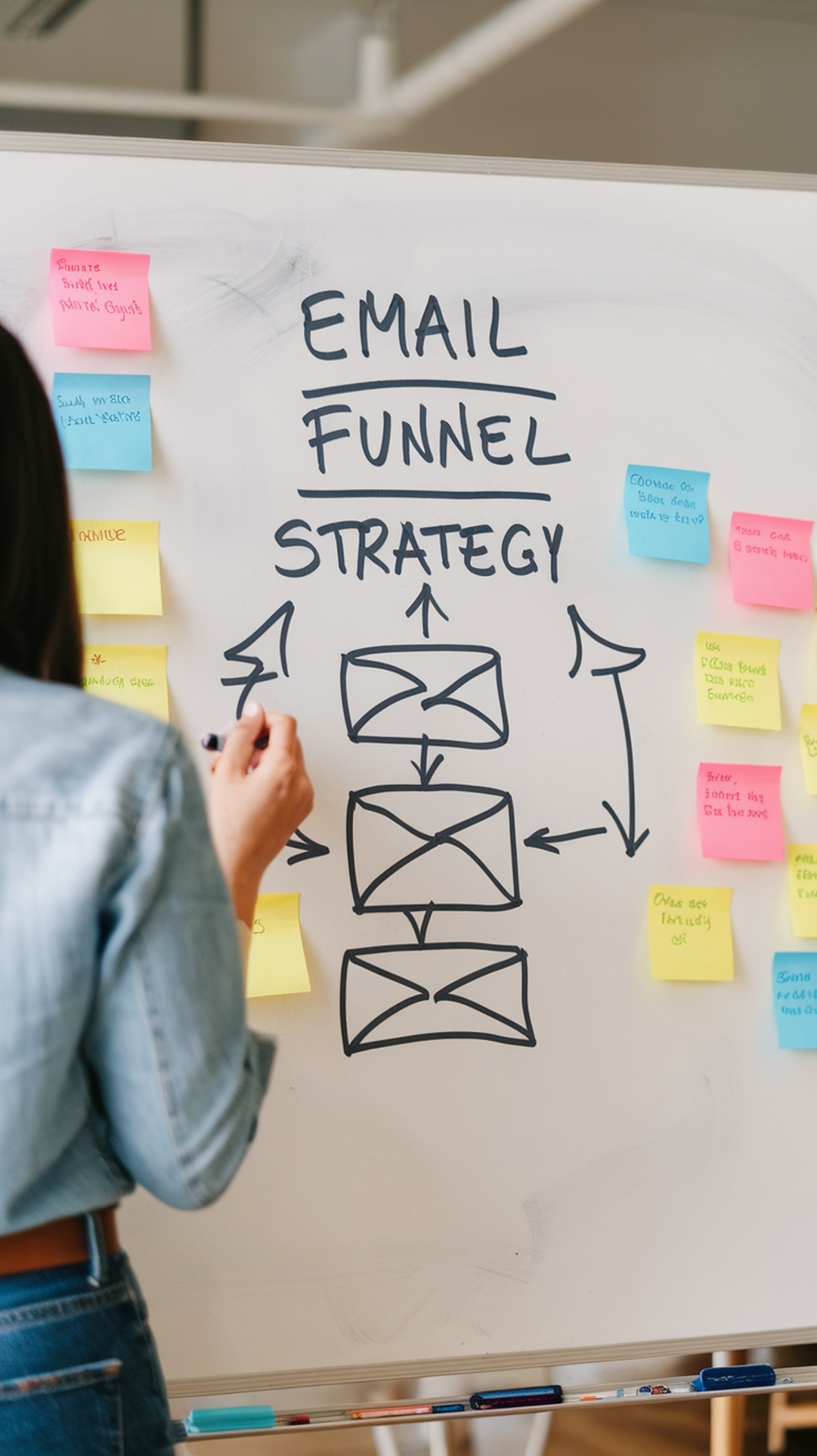 A person writing an email funnel strategy on a whiteboard with sticky notes.