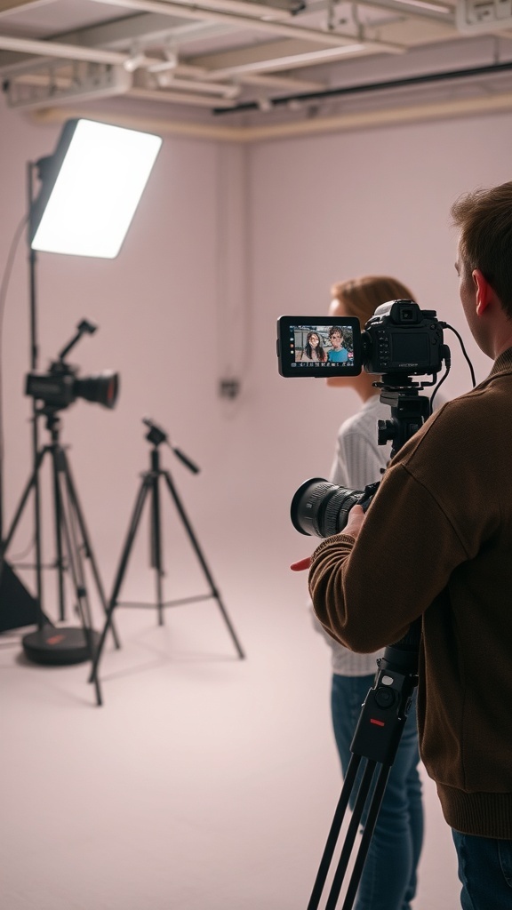 A person filming with a camera in a studio setup with lights and tripods.