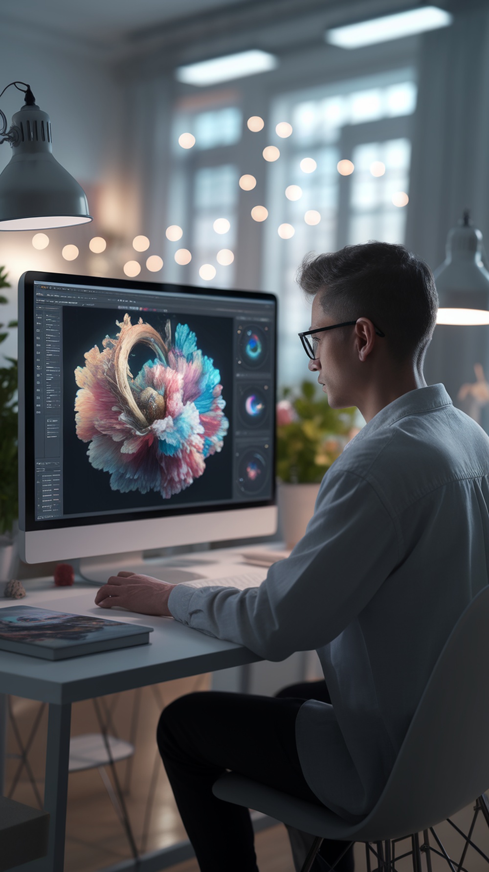 A person creating vibrant digital artwork on a computer, showcasing the blend of creativity and technology.