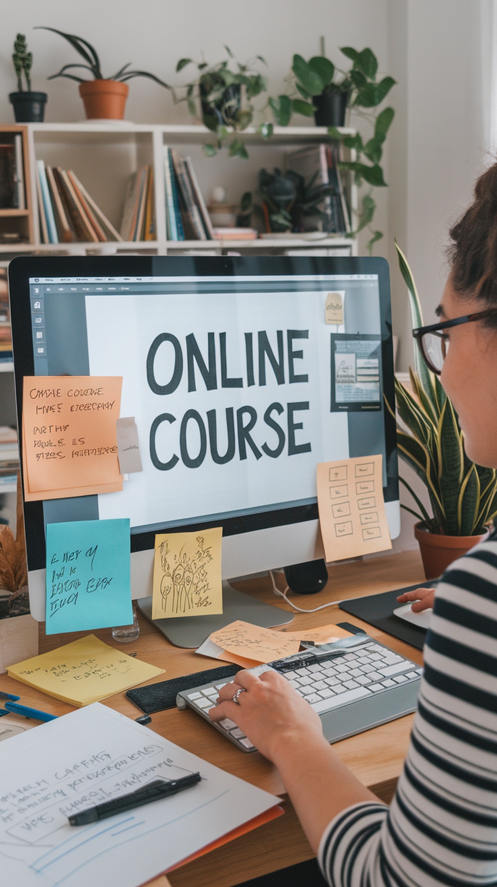 A person working on a computer with the text 'ONLINE COURSE' displayed, surrounded by sticky notes and plants.