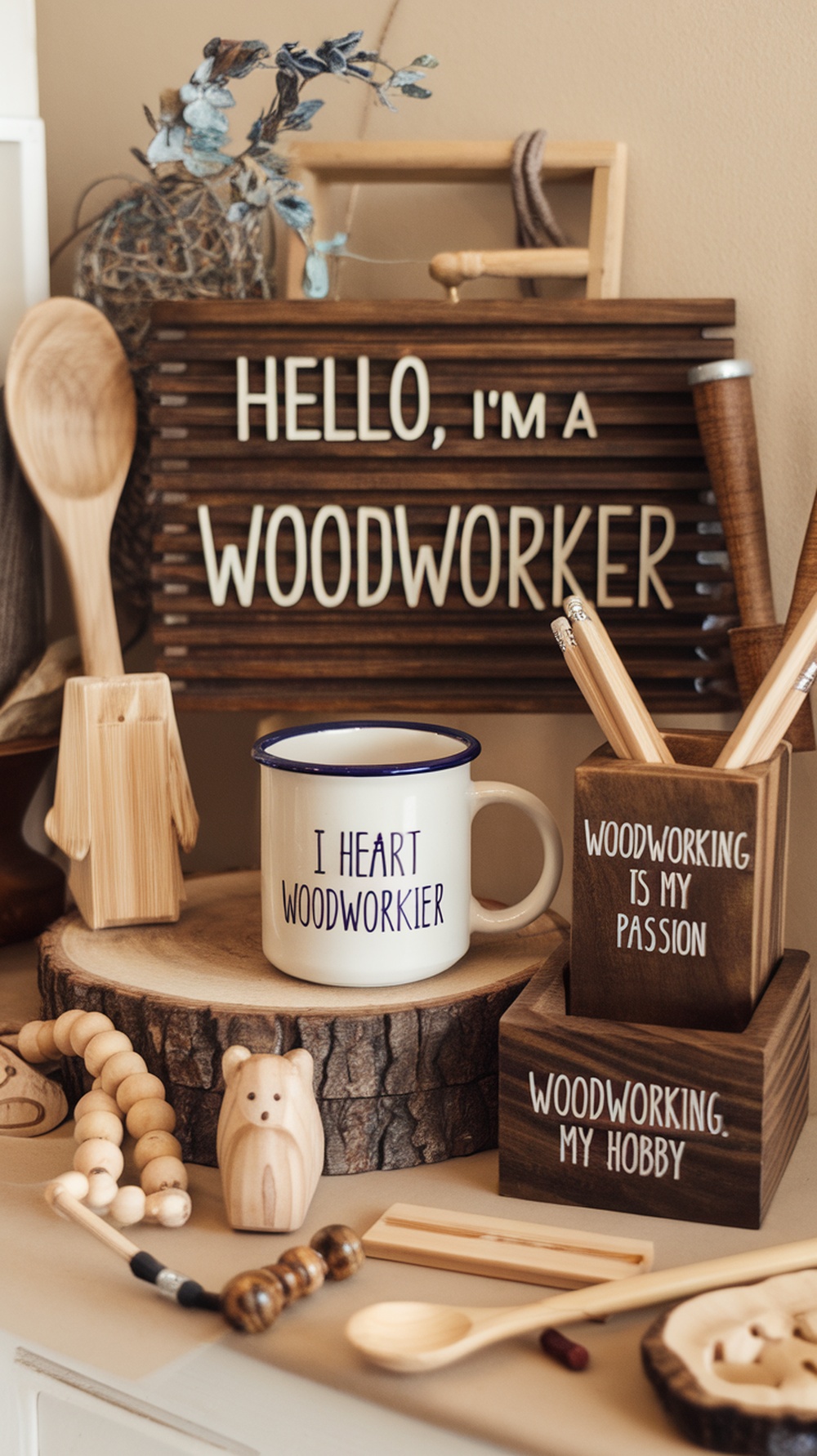 A cozy workspace with wooden crafts, tools, and a mug that says 'I HEART WOODWORKIER'.