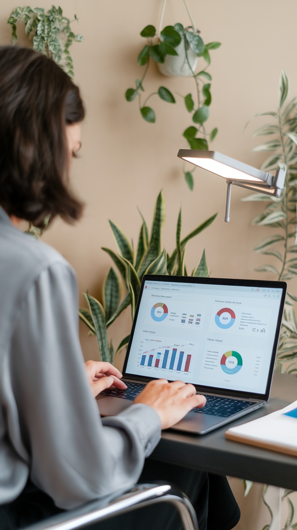 A person analyzing data on a laptop, surrounded by plants, focusing on affiliate marketing metrics.