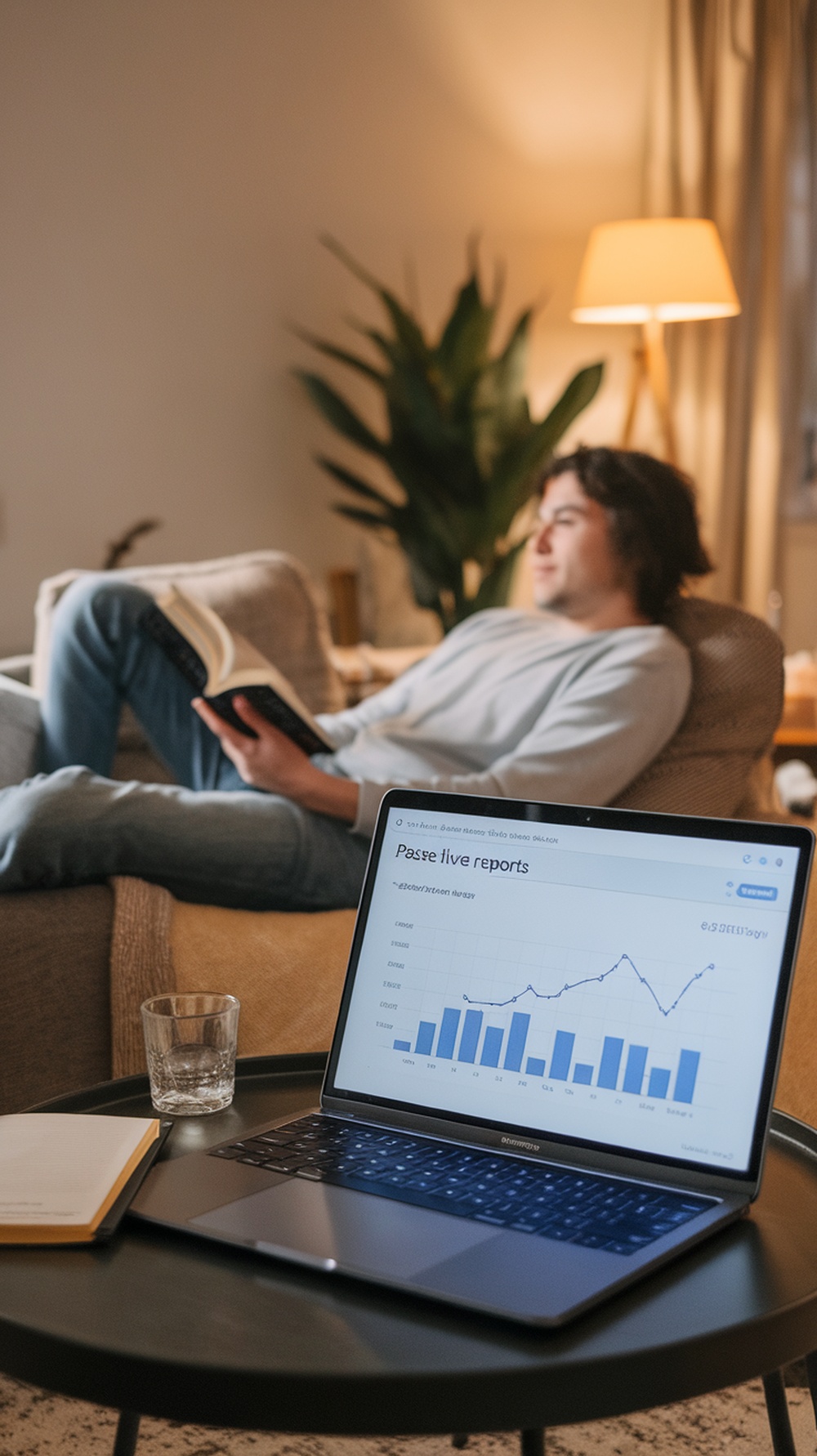 A person reading a book on a couch with a laptop displaying passive income reports.