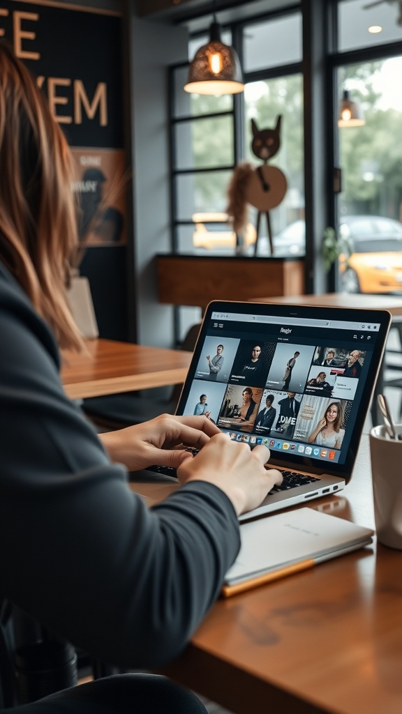 A person working on a laptop in a café, showcasing a freelancing environment.