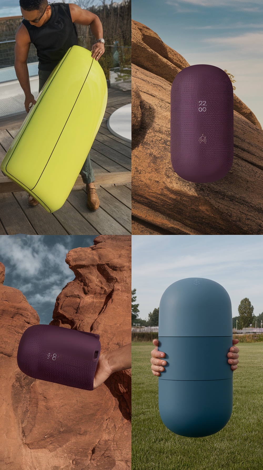 A collage of colorful products displayed in various outdoor settings, showcasing user-generated content.