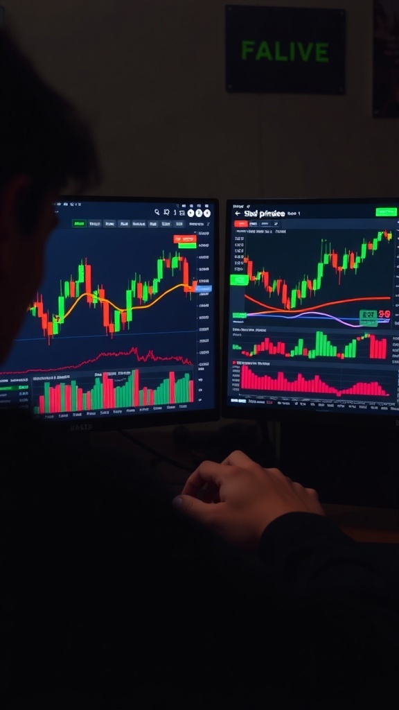 A person analyzing stock and cryptocurrency data on dual monitors.