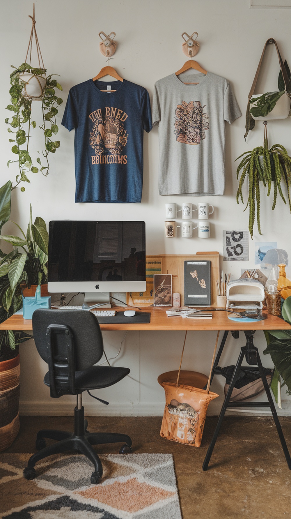 A cozy workspace featuring colorful t-shirts, plants, and a computer, ideal for launching a print on demand business.