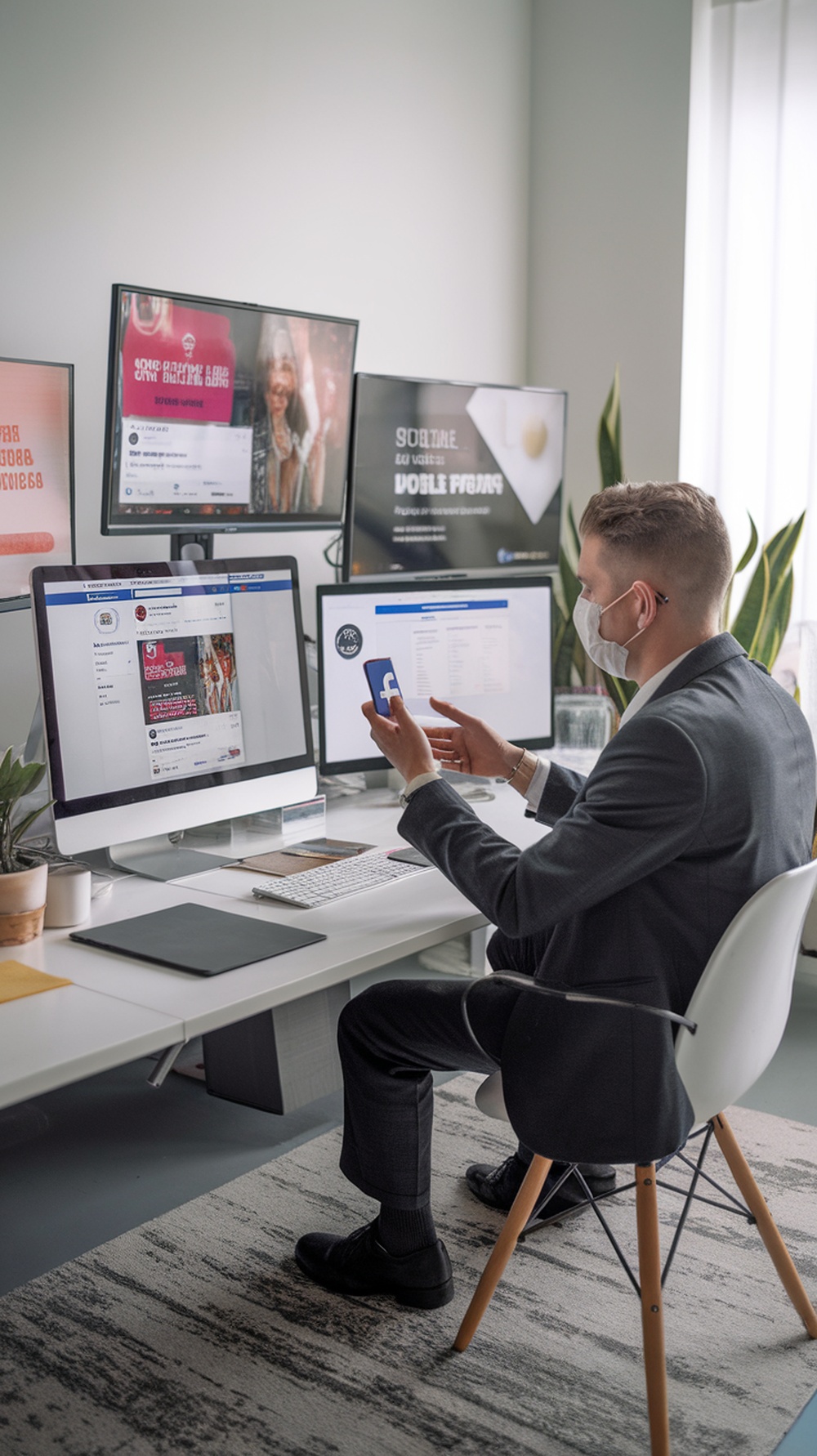 A person in a suit using Facebook on multiple screens in a modern office setting.