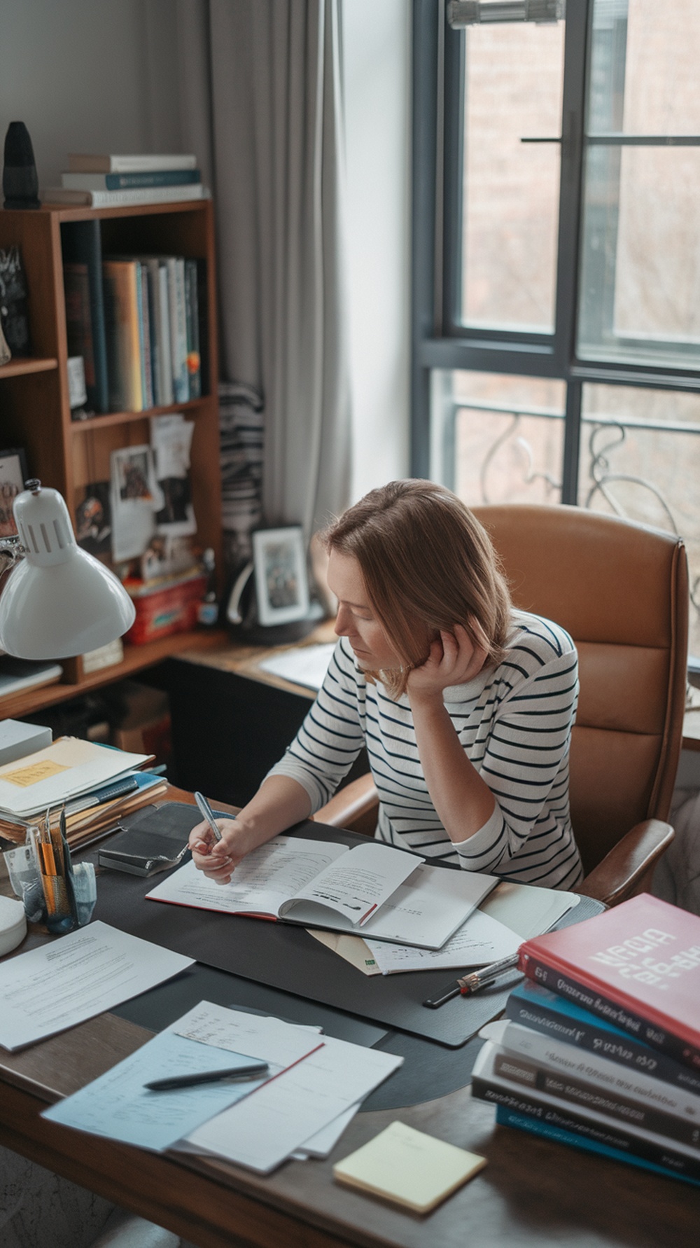 A person writing at a desk with books and notes, focused on improving their writing skills.