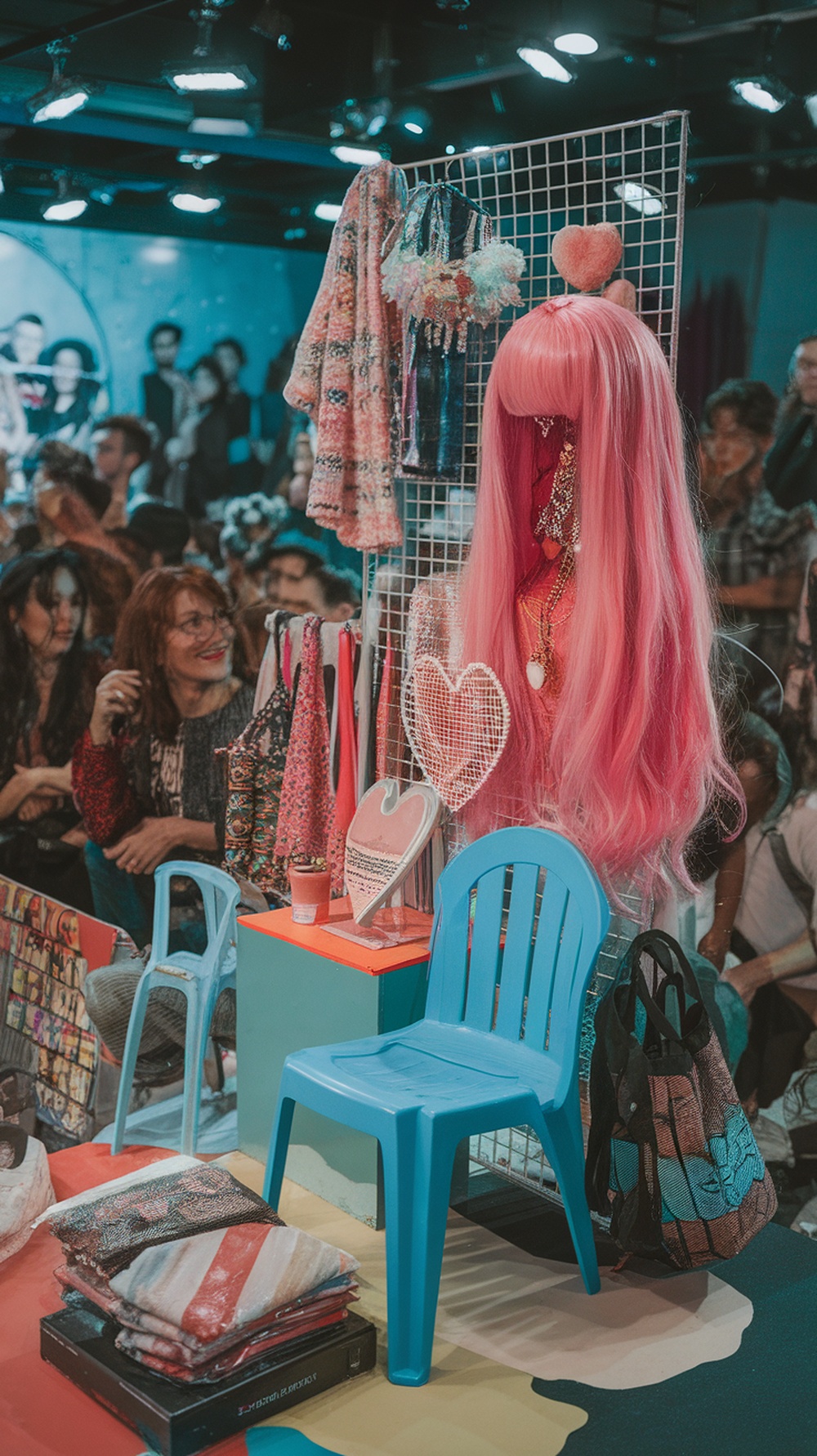 A colorful display of products at a TikTok Shop, featuring a pink wig and various accessories, with an engaged audience in the background.