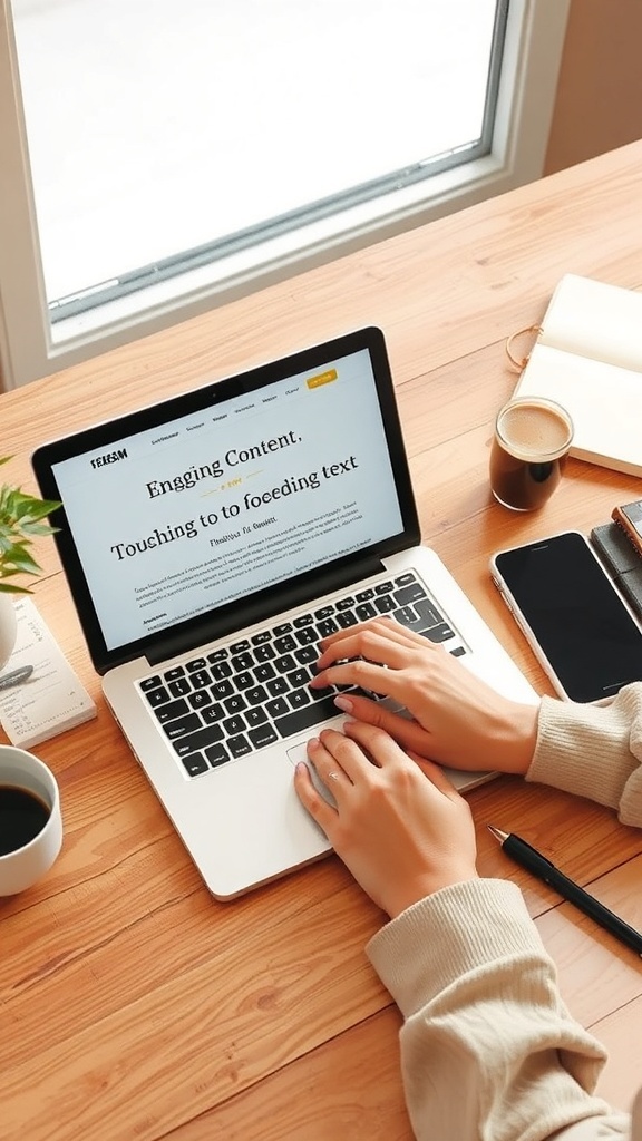 A person typing on a laptop with coffee and a pen on a wooden table