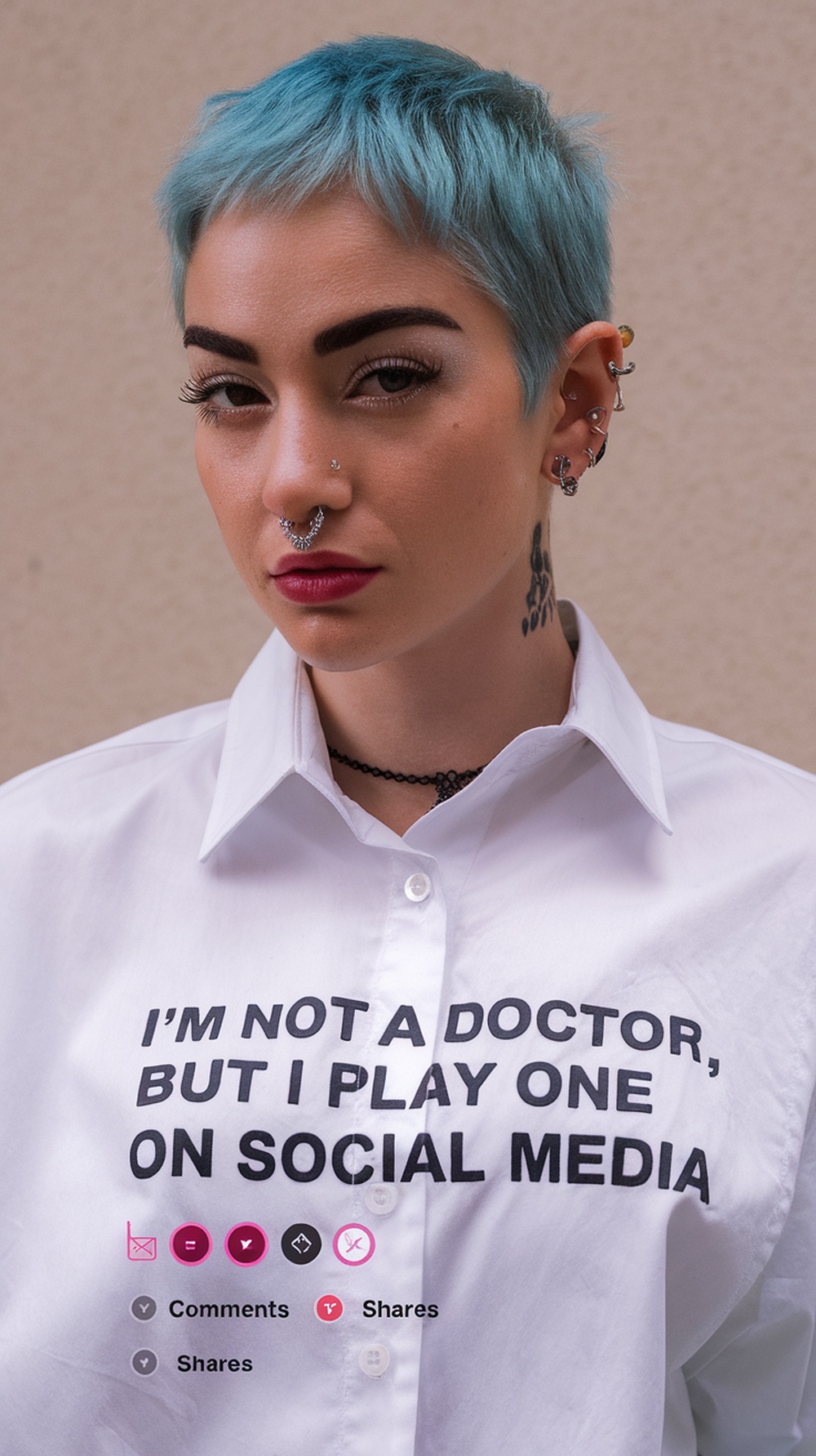 A person with blue hair wearing a white shirt that says 'I'M NOT A DOCTOR, BUT I PLAY ONE ON SOCIAL MEDIA.'