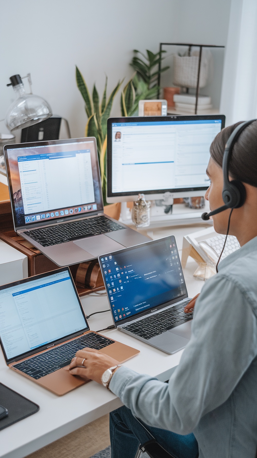 A person working as a virtual assistant with multiple laptops and a headset, focused on tasks.
