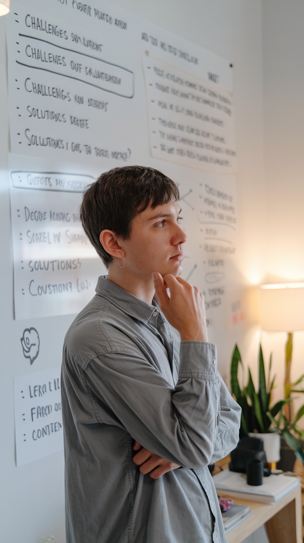 A person deep in thought, surrounded by notes on a wall, contemplating challenges in content creation.