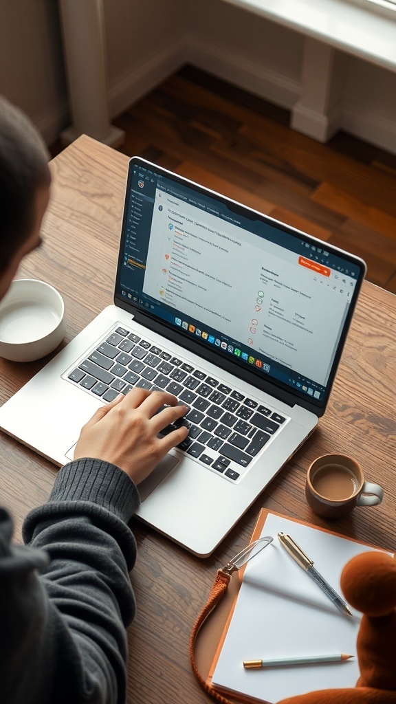 A person typing on a laptop, engaged in online surveys, with a coffee cup and stationery nearby.