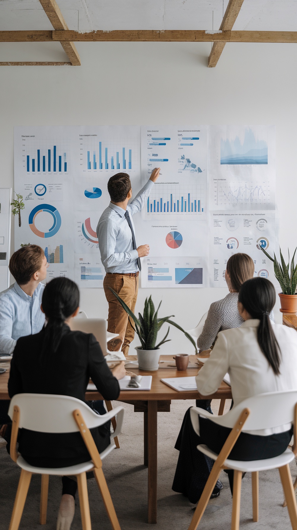 A group of professionals in a meeting, with one person presenting data on a wall.