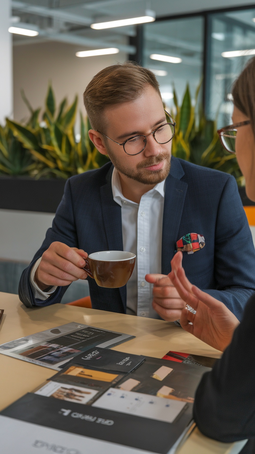 A professional discussing brand deals over coffee, with marketing materials on the table.