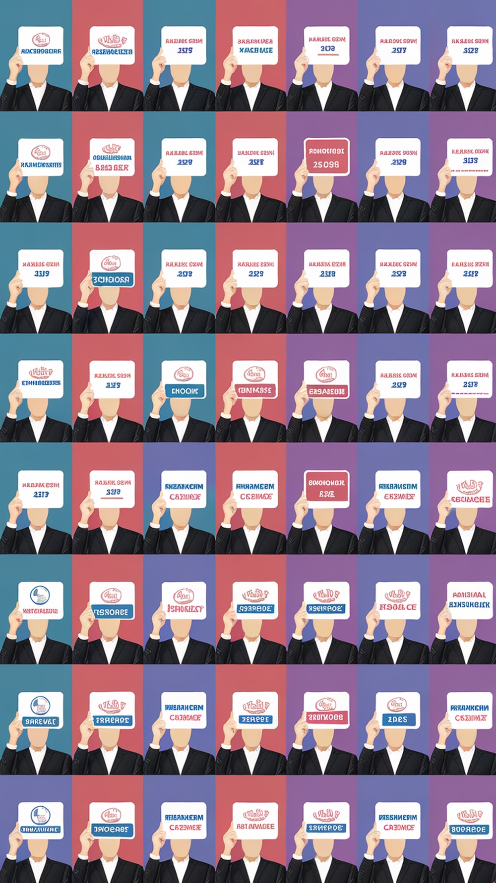 A grid of faceless entrepreneurs holding signs, representing their unique journeys in online business.