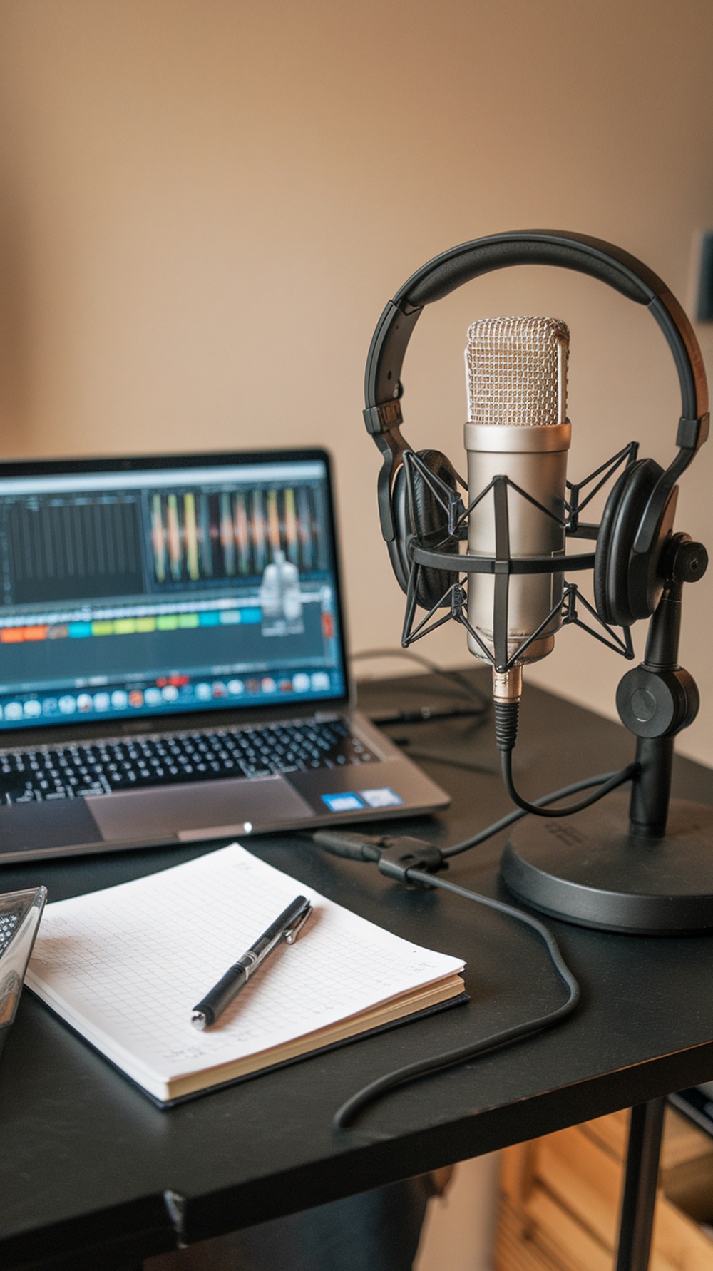 A microphone and laptop setup for audio recording.