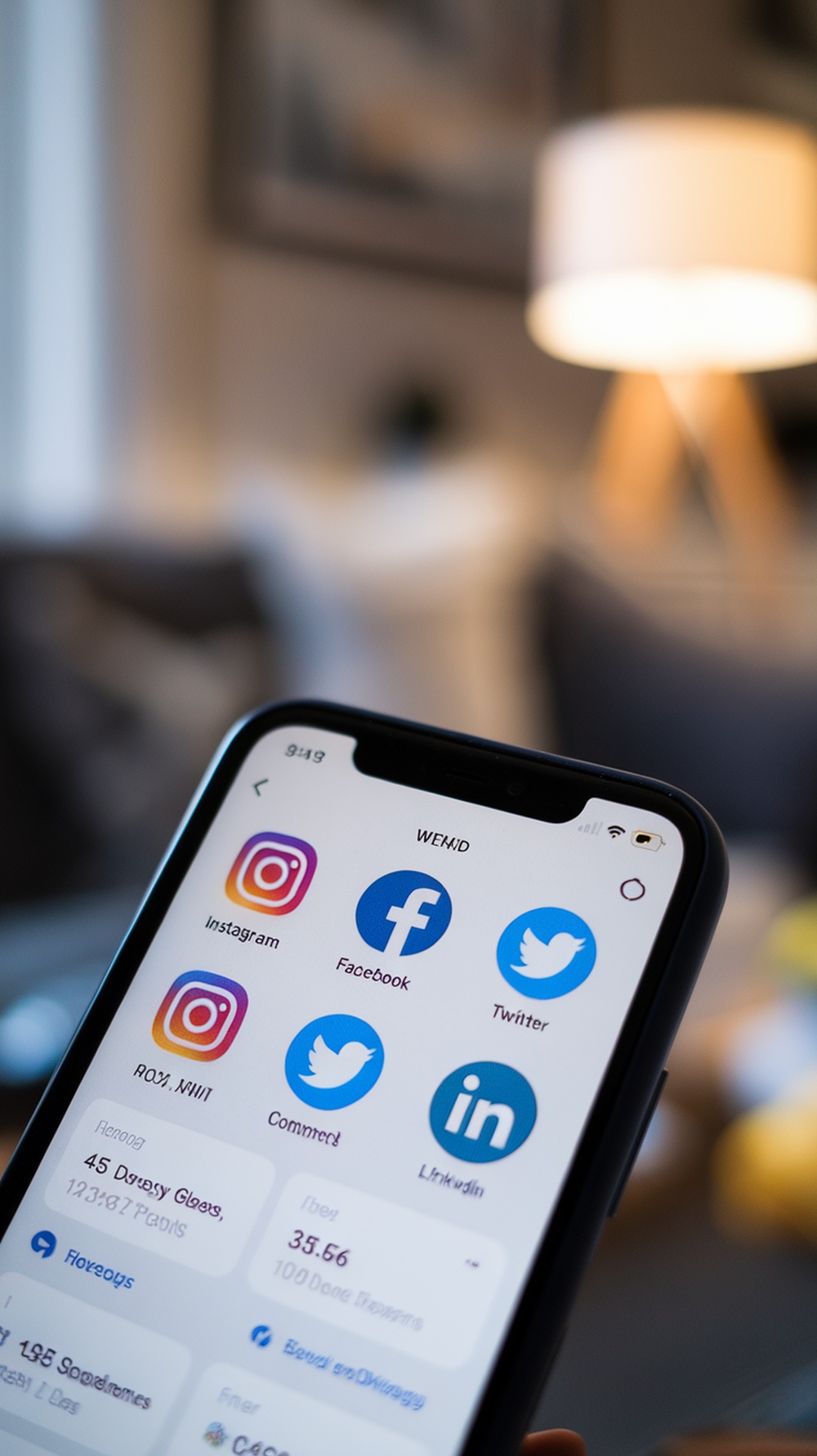 A smartphone displaying social media apps like Instagram, Facebook, Twitter, and LinkedIn.