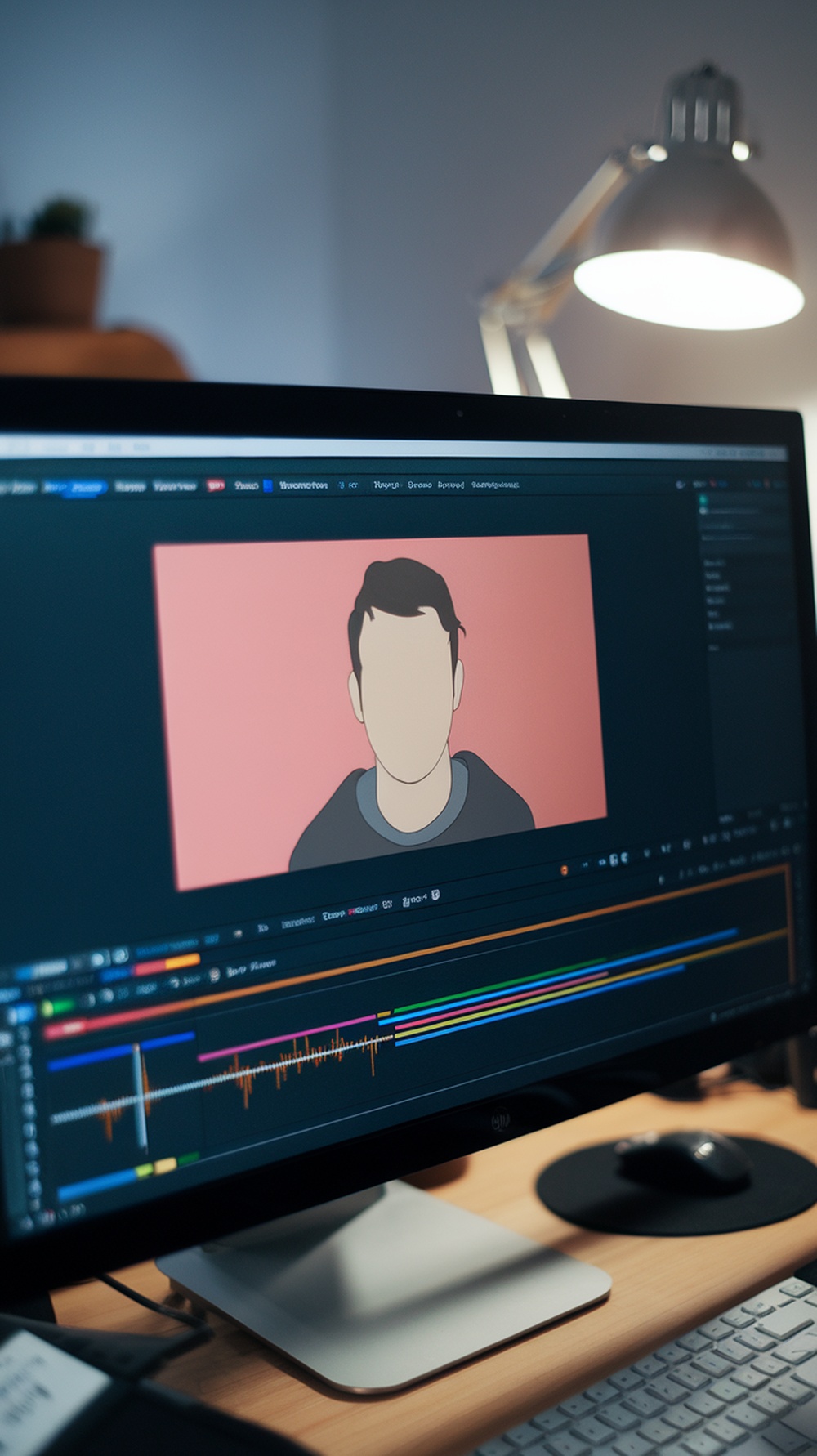 A computer screen displaying an animation project with a character illustration and audio editing timeline.