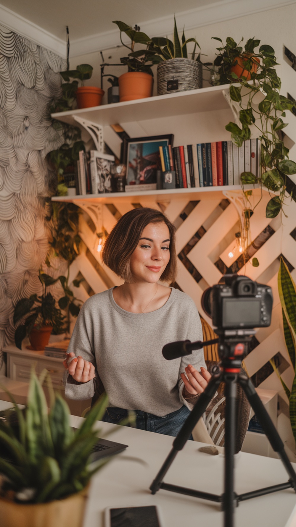 A content creator filming a YouTube video in a cozy, plant-filled environment.