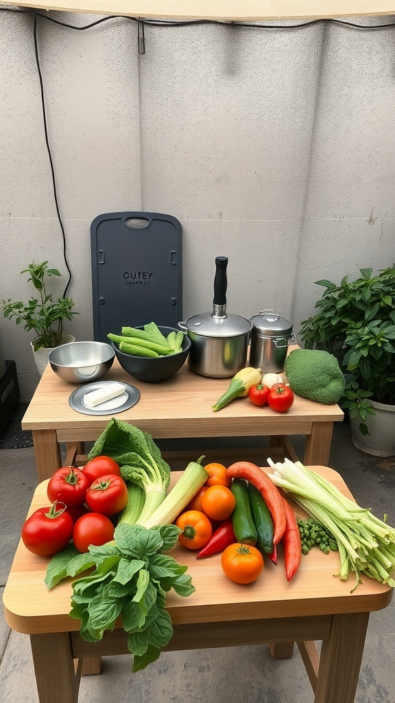 An outdoor kitchen prep area with fresh vegetables on wooden tables.