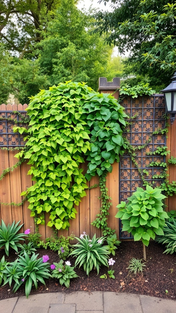 A decorative privacy fence with climbing plants and flowers.