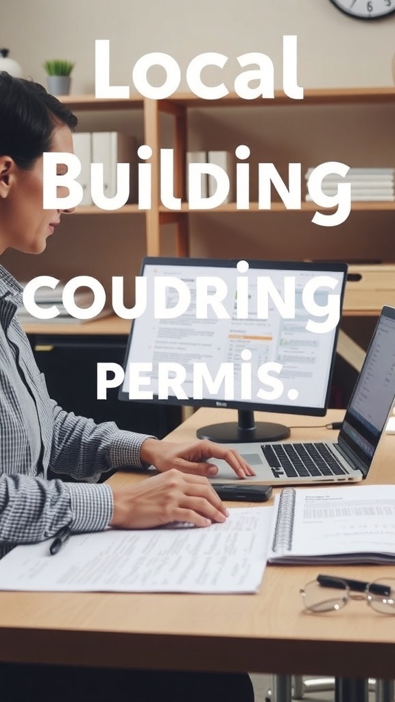 A person working on a computer with documents, focusing on local building permits.