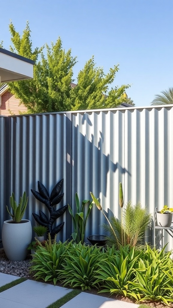 A modern corrugated metal fence surrounded by lush greenery and potted plants.