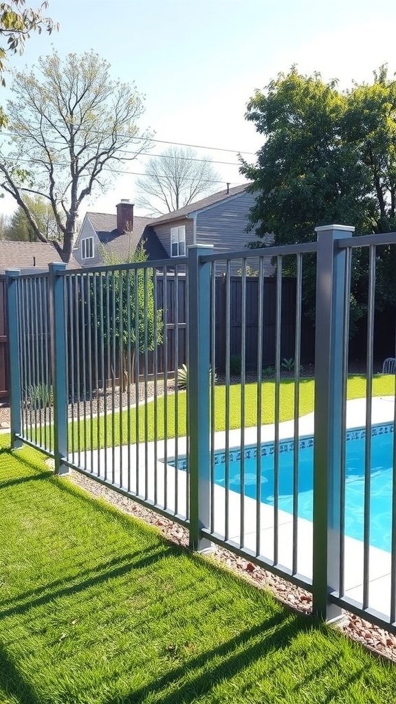 A modern aluminum pool fence surrounding a swimming pool with green grass.